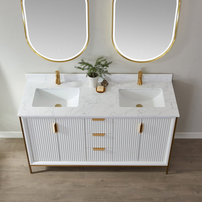 Vinnova Designs Granada 60" Vanity in White with White Composite Grain Stone Countertop With Mirror