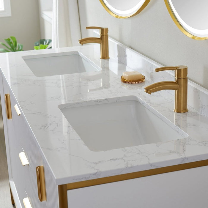 Vinnova Designs Granada 60" Vanity in White with White Composite Grain Stone Countertop With Mirror