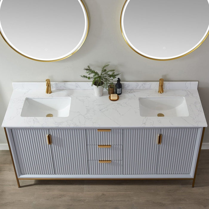 Vinnova Designs Granada 72" Vanity in Paris Grey with White Composite Grain Stone Countertop With Mirror