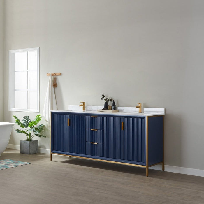 Vinnova Designs Granada 72" Vanity in Royal Blue with White Composite Grain Stone Countertop Without Mirror