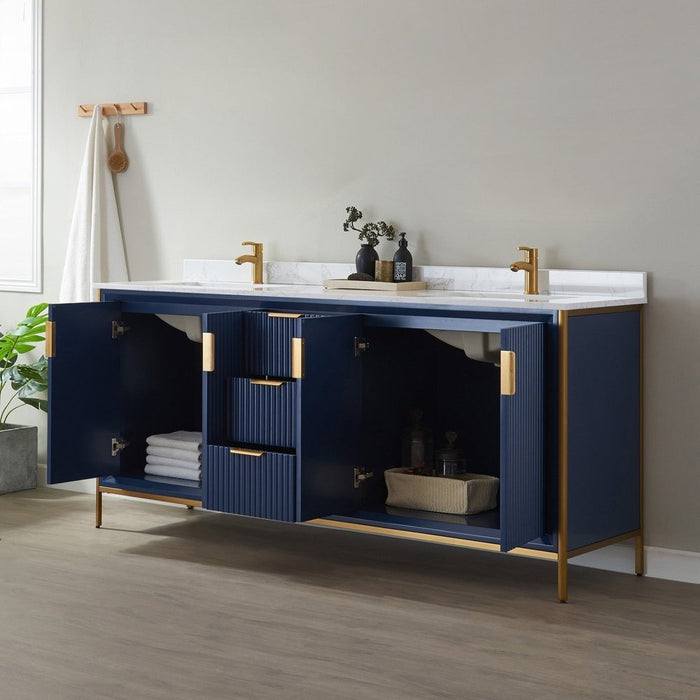 Vinnova Designs Granada 72" Vanity in Royal Blue with White Composite Grain Stone Countertop Without Mirror