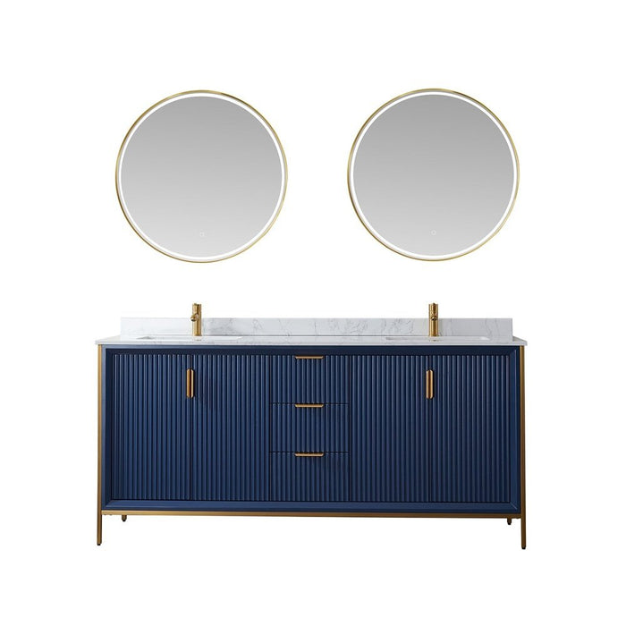 Vinnova Designs Granada 72" Vanity in Royal Blue with White Composite Grain Stone Countertop With Mirror