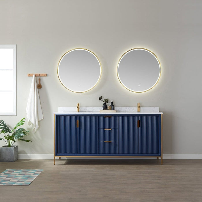 Vinnova Designs Granada 72" Vanity in Royal Blue with White Composite Grain Stone Countertop With Mirror