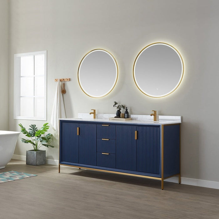 Vinnova Designs Granada 72" Vanity in Royal Blue with White Composite Grain Stone Countertop With Mirror