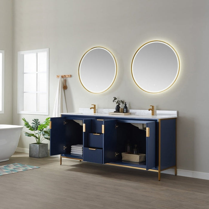 Vinnova Designs Granada 72" Vanity in Royal Blue with White Composite Grain Stone Countertop With Mirror