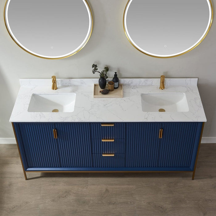 Vinnova Designs Granada 72" Vanity in Royal Blue with White Composite Grain Stone Countertop With Mirror