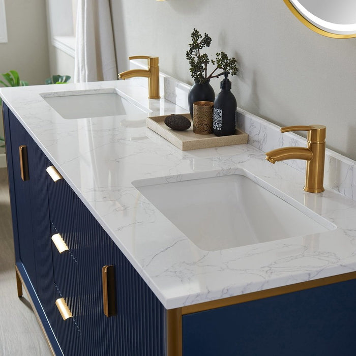 Vinnova Designs Granada 72" Vanity in Royal Blue with White Composite Grain Stone Countertop With Mirror