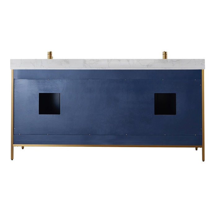 Vinnova Designs Granada 72" Vanity in Royal Blue with White Composite Grain Stone Countertop With Mirror