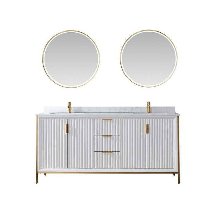 Vinnova Designs Granada 72" Vanity in White with White Composite Grain Stone Countertop With Mirror