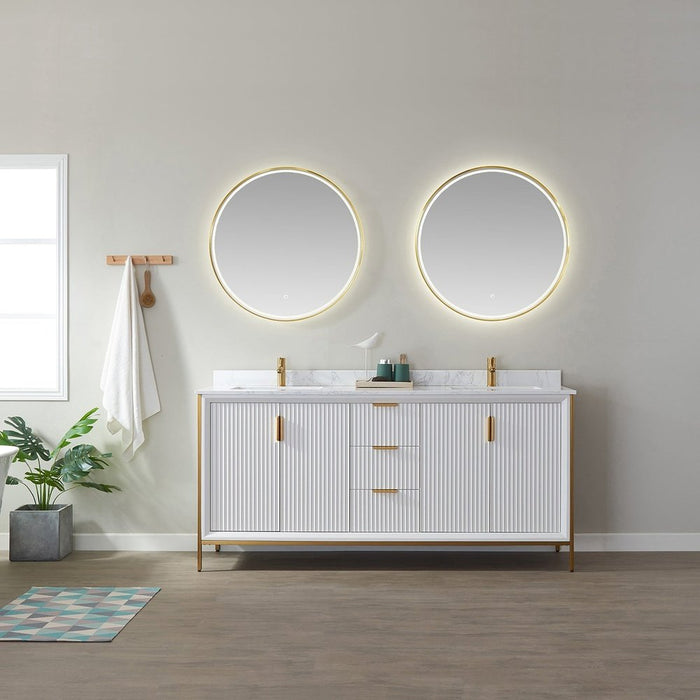 Vinnova Designs Granada 72" Vanity in White with White Composite Grain Stone Countertop With Mirror