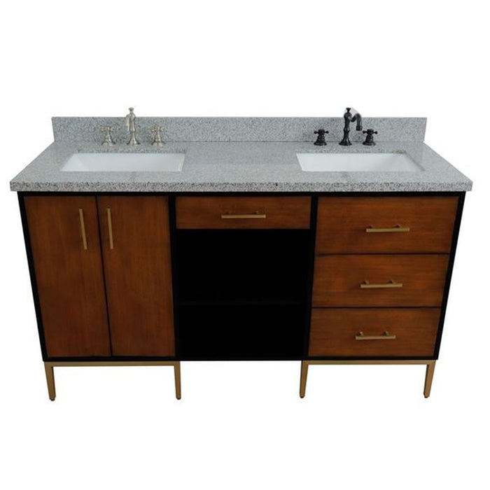 Bellaterra Home Imola 61" Double sink vanity in Walnut and Black finish and Gray granite and rectangle sink