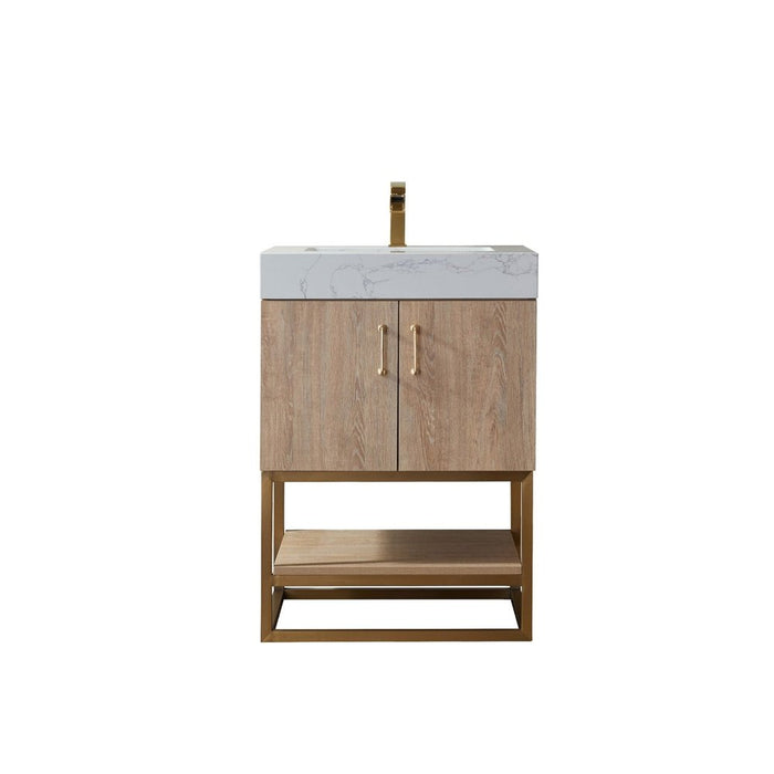 Vinnova Designs Alistair 24" Single Vanity in North American Oak with White Grain Stone Countertop Without Mirror