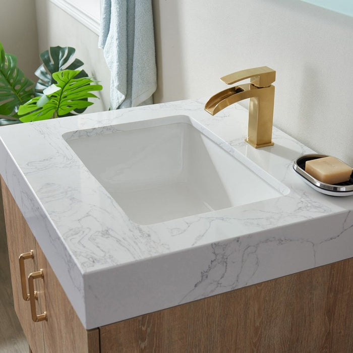 Vinnova Designs Alistair 24" Single Vanity in North American Oak with White Grain Stone Countertop Without Mirror