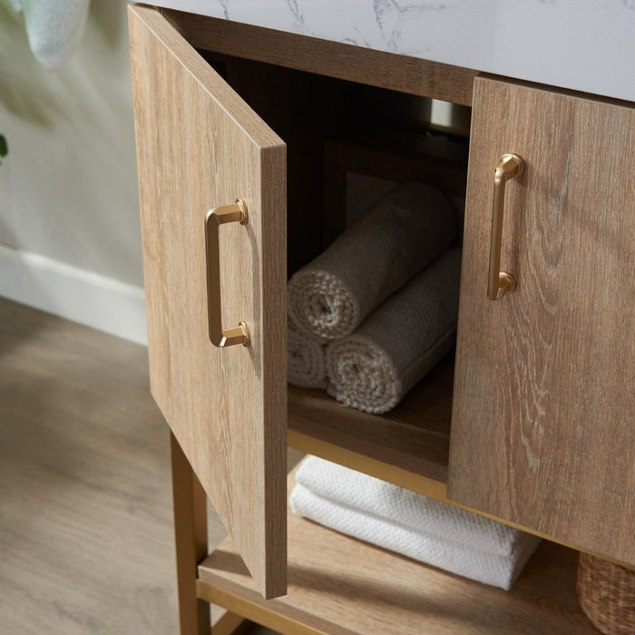 Vinnova Designs Alistair 24" Single Vanity in North American Oak with White Grain Stone Countertop Without Mirror