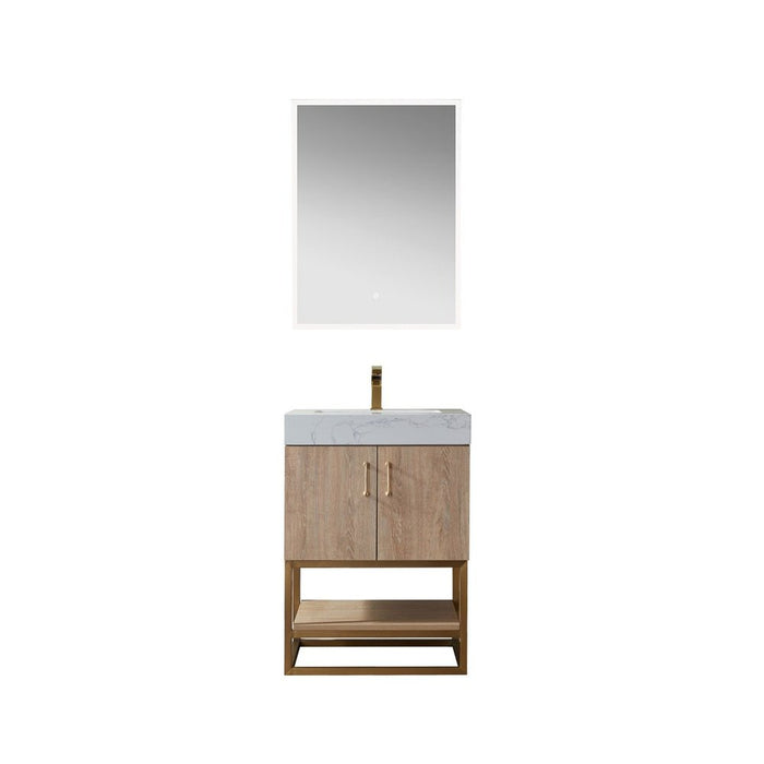 Vinnova Designs Alistair 24" Single Vanity in North American Oak with White Grain Stone Countertop With Mirror