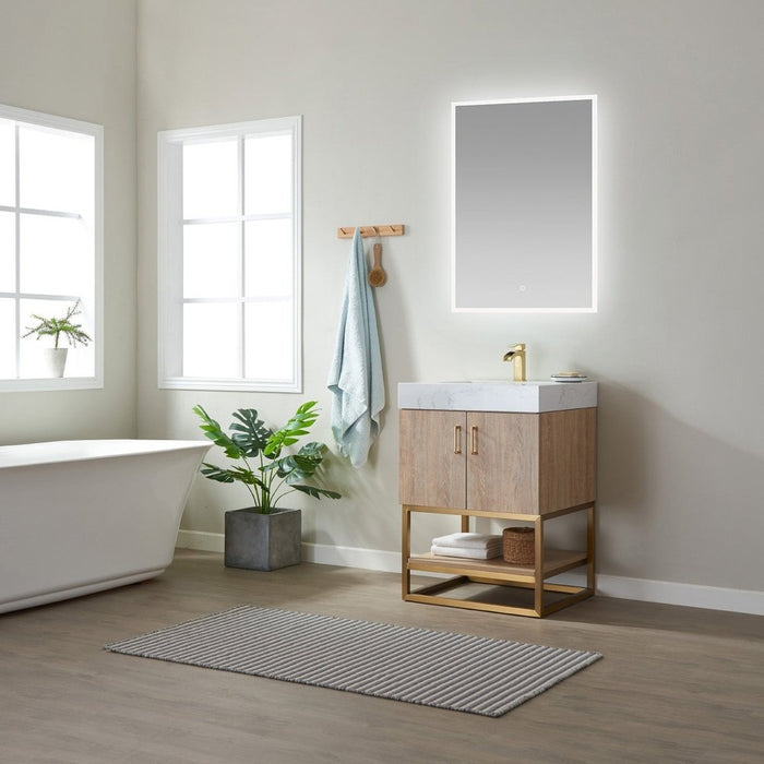 Vinnova Designs Alistair 24" Single Vanity in North American Oak with White Grain Stone Countertop With Mirror