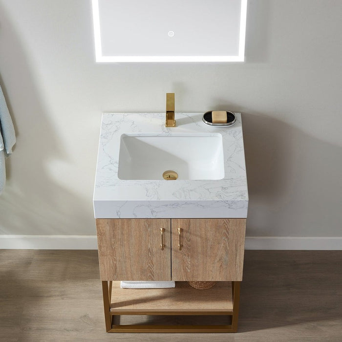 Vinnova Designs Alistair 24" Single Vanity in North American Oak with White Grain Stone Countertop With Mirror