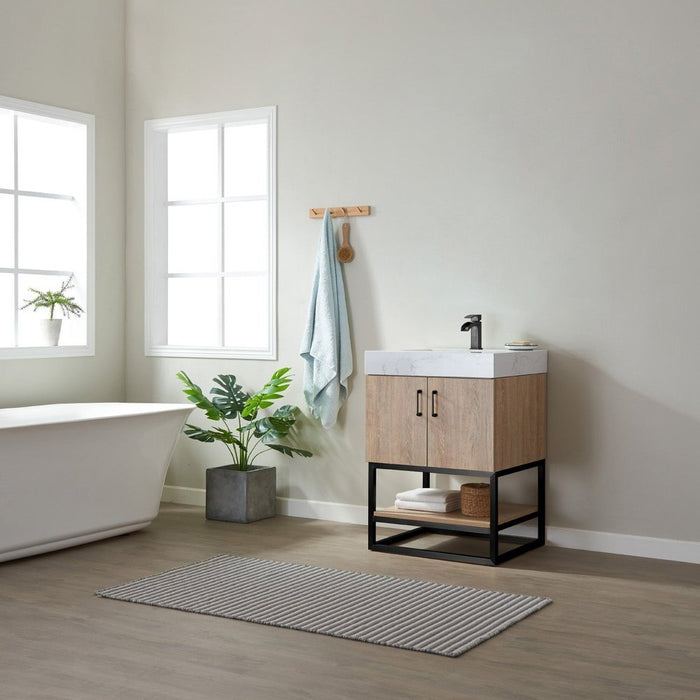 Vinnova Designs Alistair 24B" Single Vanity in North American Oak with White Grain Stone Countertop Without Mirror