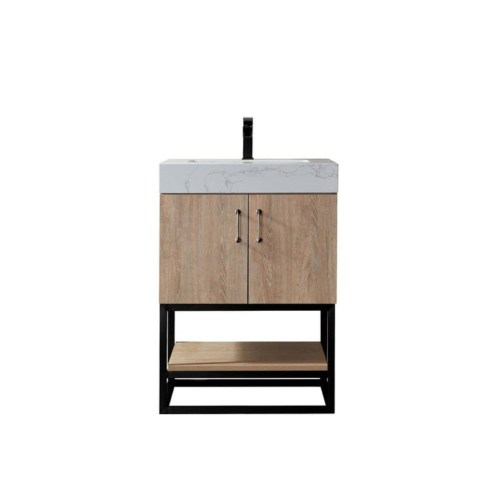 Vinnova Designs Alistair 24B" Single Vanity in North American Oak with White Grain Stone Countertop Without Mirror