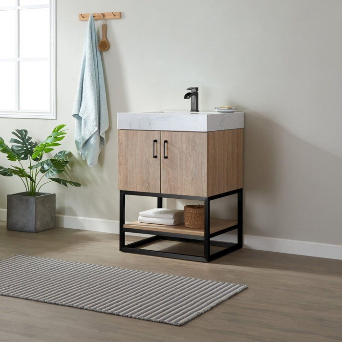 Vinnova Designs Alistair 24B" Single Vanity in North American Oak with White Grain Stone Countertop Without Mirror