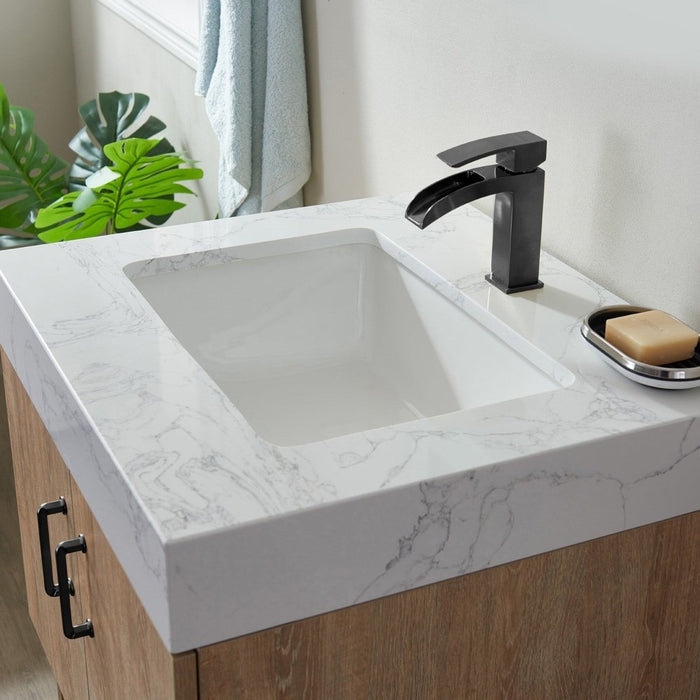 Vinnova Designs Alistair 24B" Single Vanity in North American Oak with White Grain Stone Countertop Without Mirror