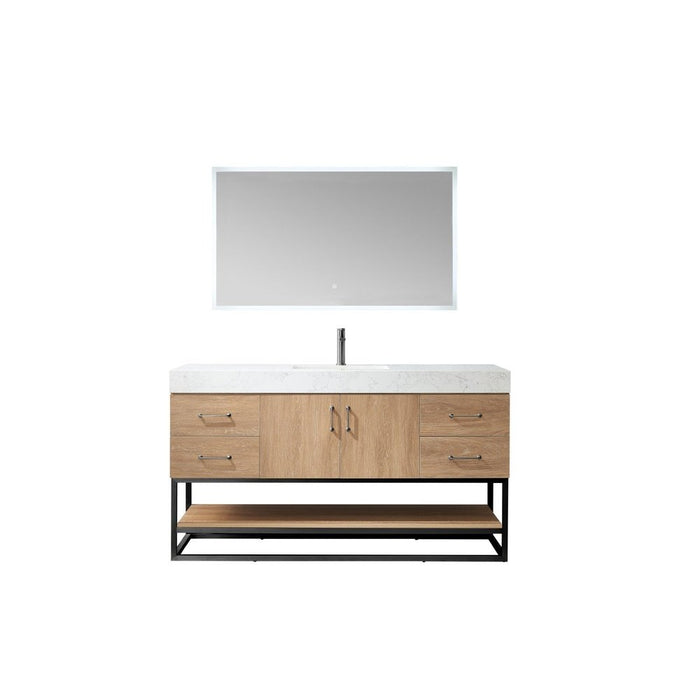 Vinnova Designs Alistair 60BS" Single Sink Bath Vanity in North American Oak with White Grain Stone Countertop and Mirror