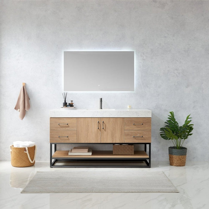 Vinnova Designs Alistair 60BS" Single Sink Bath Vanity in North American Oak with White Grain Stone Countertop and Mirror