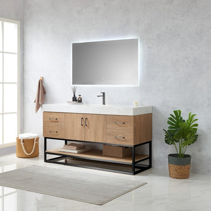 Vinnova Designs Alistair 60BS" Single Sink Bath Vanity in North American Oak with White Grain Stone Countertop and Mirror