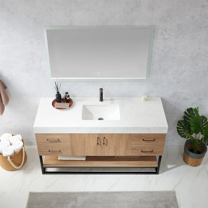 Vinnova Designs Alistair 60BS" Single Sink Bath Vanity in North American Oak with White Grain Stone Countertop and Mirror