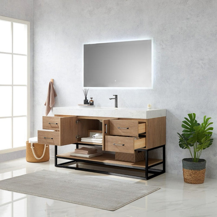 Vinnova Designs Alistair 60BS" Single Sink Bath Vanity in North American Oak with White Grain Stone Countertop and Mirror