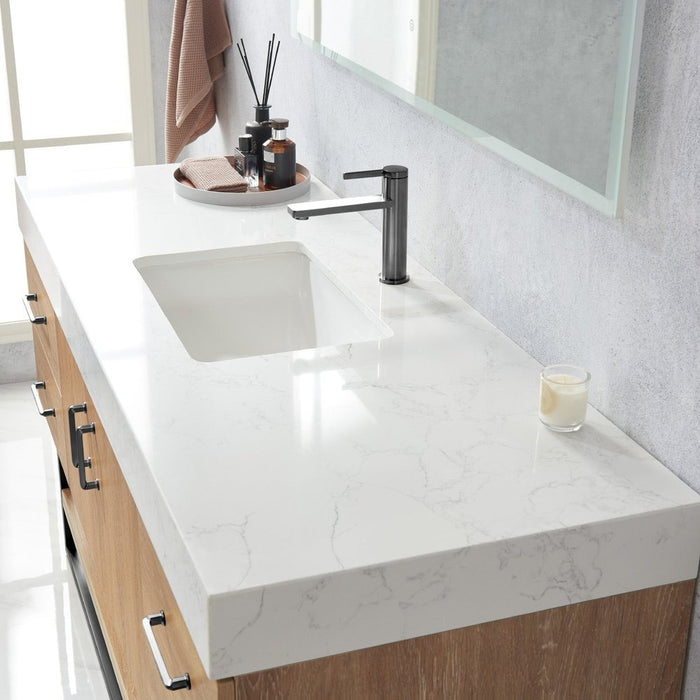 Vinnova Designs Alistair 60BS" Single Sink Bath Vanity in North American Oak with White Grain Stone Countertop and Mirror