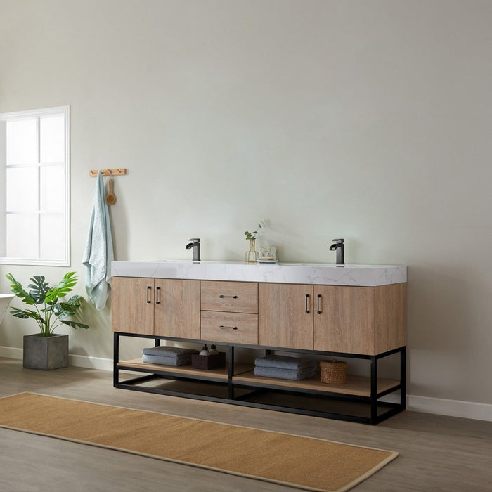 Vinnova Designs Alistair 72B" Double Vanity in North American Oak with White Grain Stone Countertop
