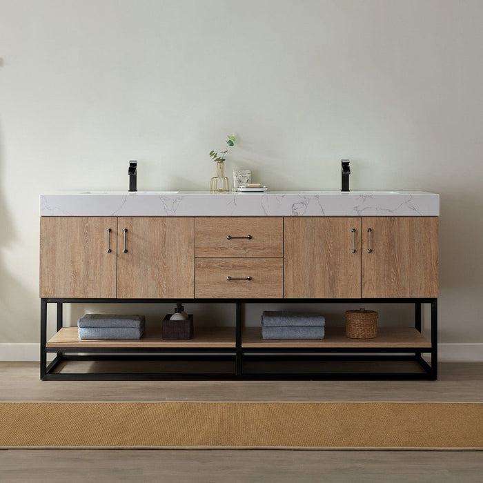 Vinnova Designs Alistair 72B" Double Vanity in North American Oak with White Grain Stone Countertop