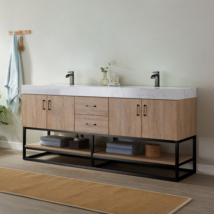 Vinnova Designs Alistair 72B" Double Vanity in North American Oak with White Grain Stone Countertop