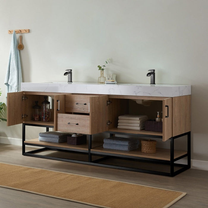 Vinnova Designs Alistair 72B" Double Vanity in North American Oak with White Grain Stone Countertop