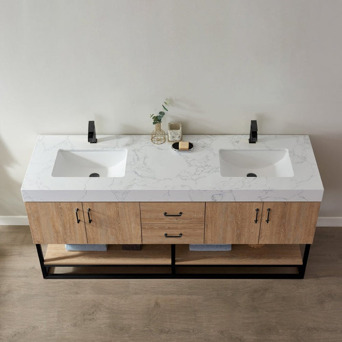 Vinnova Designs Alistair 72B" Double Vanity in North American Oak with White Grain Stone Countertop