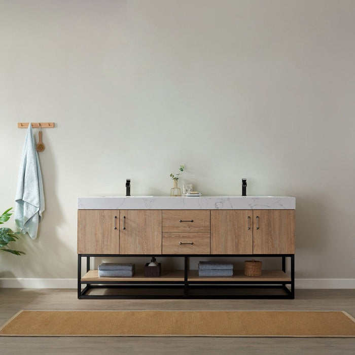 Vinnova Designs Alistair 72B" Double Vanity in North American Oak with White Grain Stone Countertop