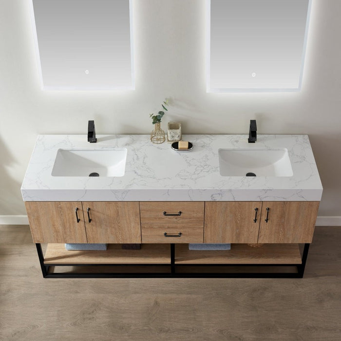 Vinnova Designs Alistair 72B" Double Vanity in North American Oak with White Grain Stone Countertop