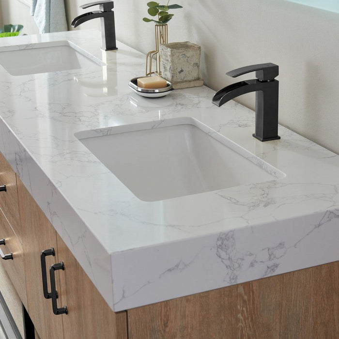Vinnova Designs Alistair 72B" Double Vanity in North American Oak with White Grain Stone Countertop