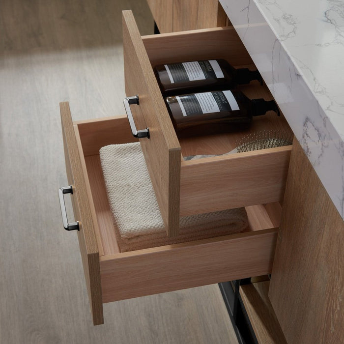 Vinnova Designs Alistair 72B" Double Vanity in North American Oak with White Grain Stone Countertop