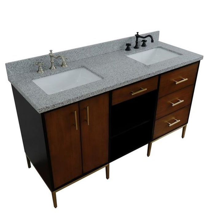 Bellaterra Home Imola 61" Double sink vanity in Walnut and Black finish and Gray granite and rectangle sink