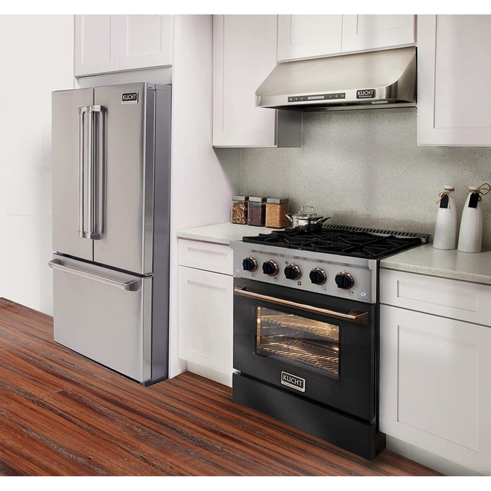 Kucht Signature 30" Gas Range with Convection Oven in Black with Black Knobs & Gold Handle (KNG301-K-GOLD)