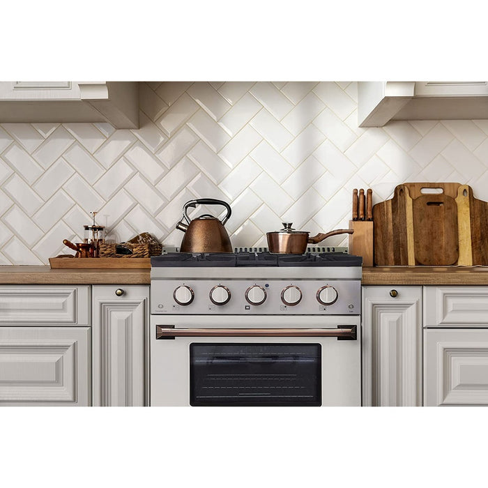 Kucht Signature 30-Inch Propane Gas Range in White with White Knobs & Rose Gold H&le (KNG301/LP-W-ROSE)