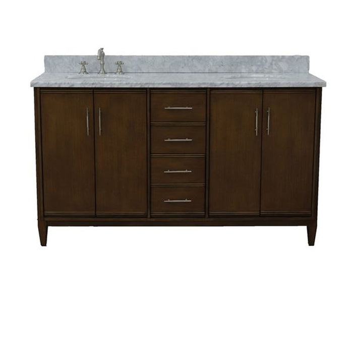 Bellaterra Home MCM 61" Double sink vanity in Walnut finish with White Carrara marble and oval sink