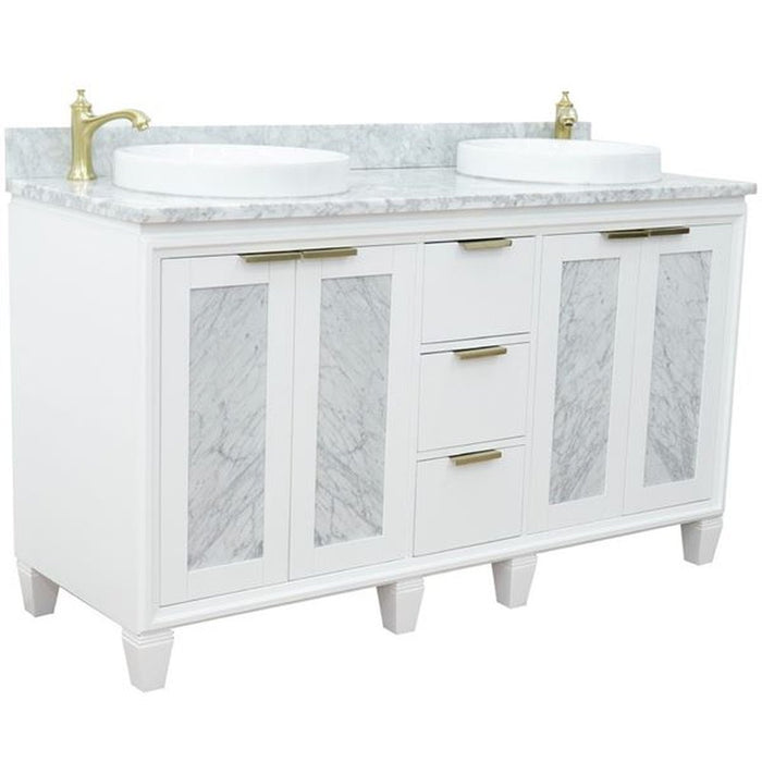 Bellaterra Home Trento 61" Double sink vanity in White finish with White Carrara marble and round sink