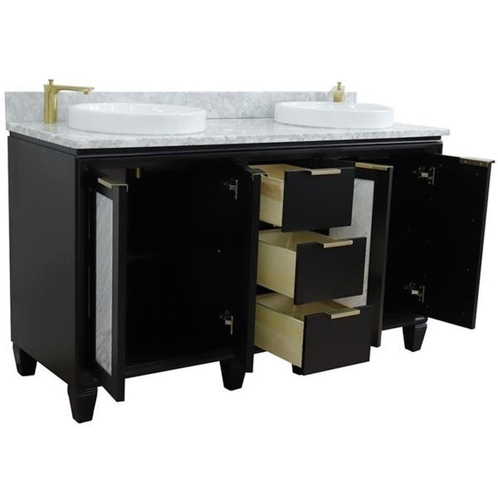 Bellaterra Home Trento 61" Double sink vanity in Black finish with White Carrara marble and round sink