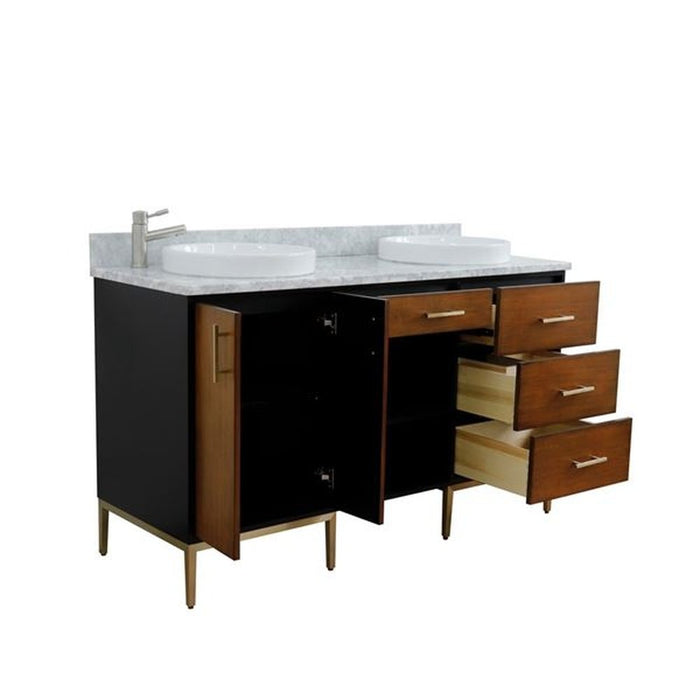 Bellaterra Home Imola 61" Double sink vanity in Walnut and Black finish and White Carrara marble and round sink