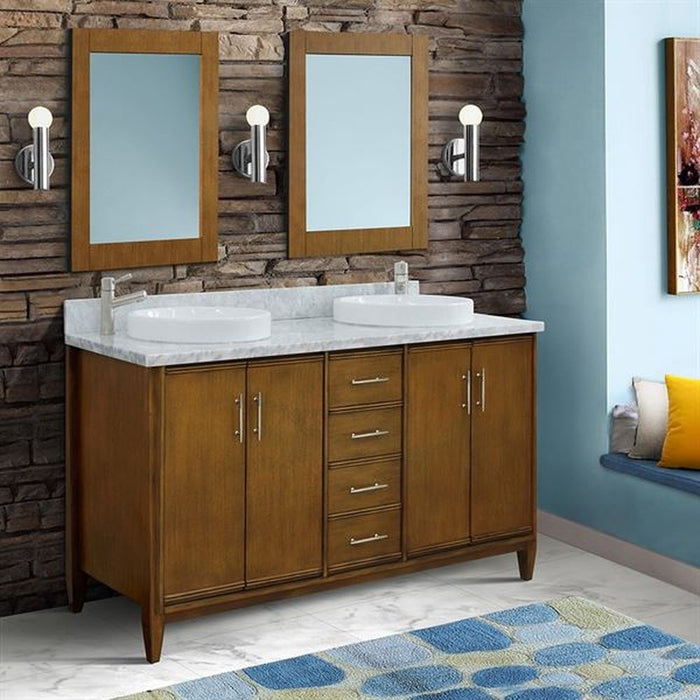 Bellaterra Home MCM 61" Double sink vanity in Walnut finish with White Carrara marble and round sink