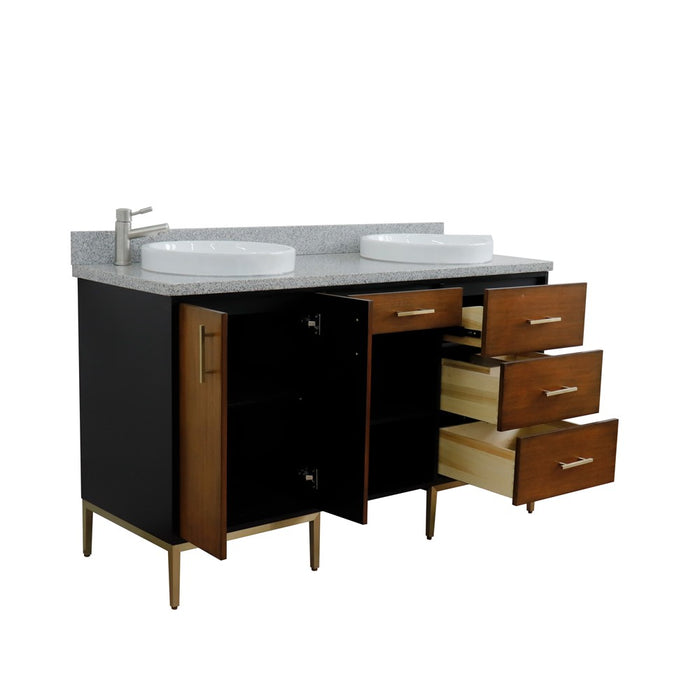 Bellaterra Home Imola 61" Double sink vanity in Walnut and Black finish and Gray granite and round sink