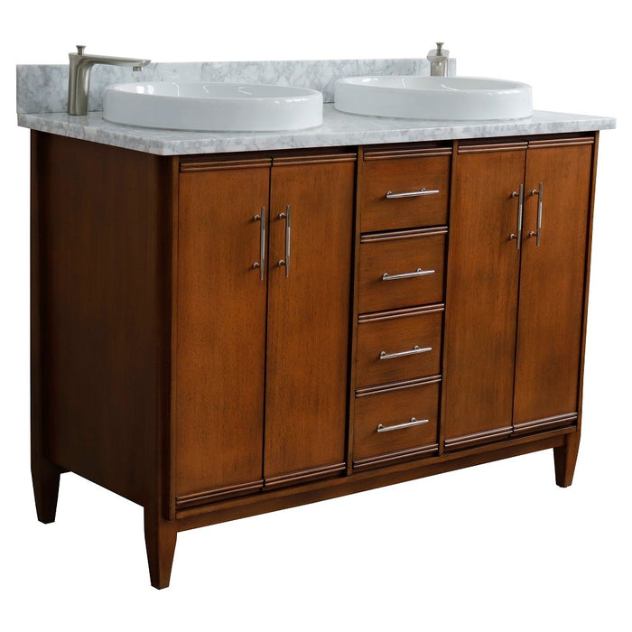 Bellaterra Home MCM 49" Double sink vanity in Walnut finish with White Carrara marble and round sink